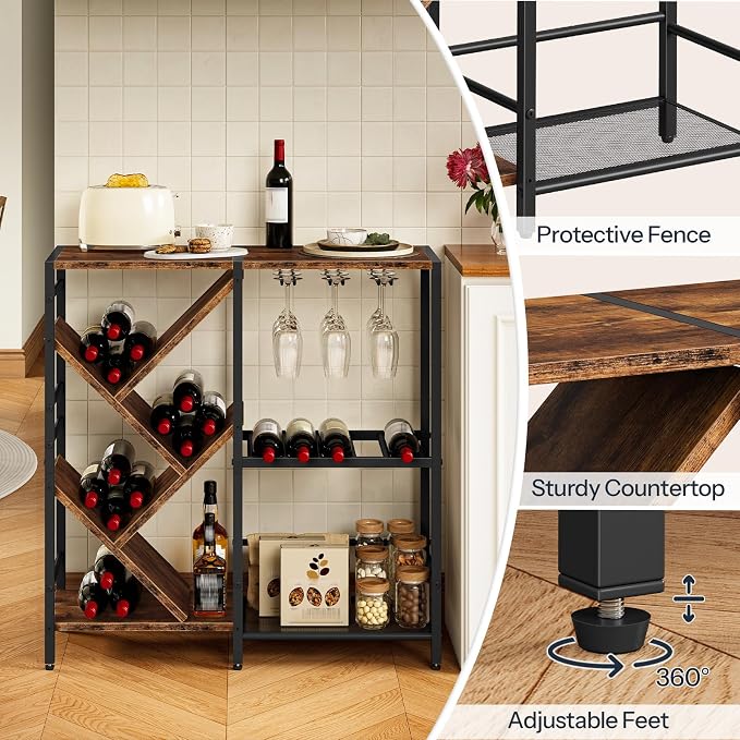 HOOBRO Liquor Bar Cabinet, Modern Liquor Cabinet with Wine Rack & Glass Holder, Liquor Bar Cabinet with Power Outlet, Mini Bar Table for Home Bar, Rustic Brown and Black BF36JJ01