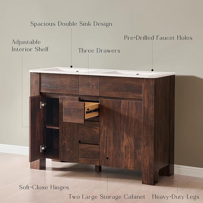 T4TREAM 48 Inch Modern Bathroom Vanity with Double Sink, Dark Walnut | Integrated Resin Sink, 4 Soft-Close Doors & 3 Drawers, Handle-Free Design, Thick Heavy-Duty Legs, Walnut Grain Finish