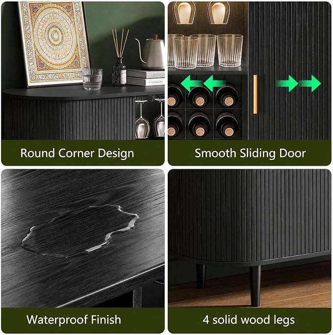 DHH 55" Wine Bar Cabinet with Storage, Fluted Liquor & Coffee Bar Cabinet with Wine Rack and Glass Holder, Buffet Sideboard with LED Lights for Home Kitchen Living Dining Room(Black)