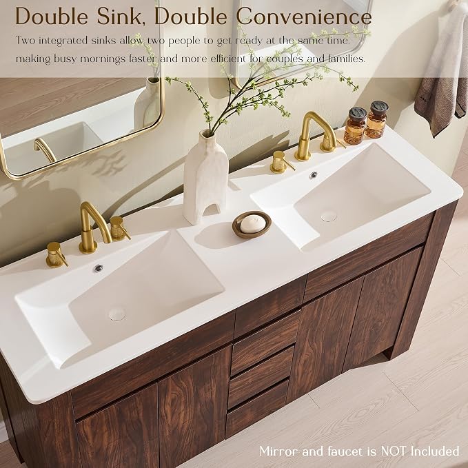 T4TREAM 60 Inch Modern Bathroom Vanity with Double Sink, Dark Walnut | Integrated Resin Sink, 4 Soft-Close Doors & 3 Drawers, Handle-Free Design, Thick Heavy-Duty Legs, Walnut Grain Finish