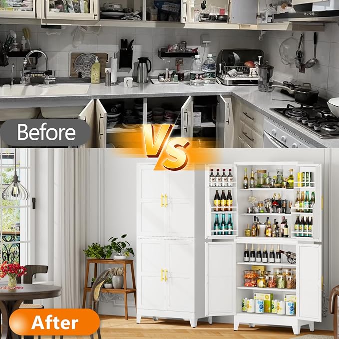 GAIOUS 74.8" Tall Metal Food Cabinet, White Kitchen Pantry Cabinet | Storage Cabinets with 4 Door and 4 Adjustable Shelves, Steel Freestanding Cupboard for Kitchen Dining Living Room Bathroom