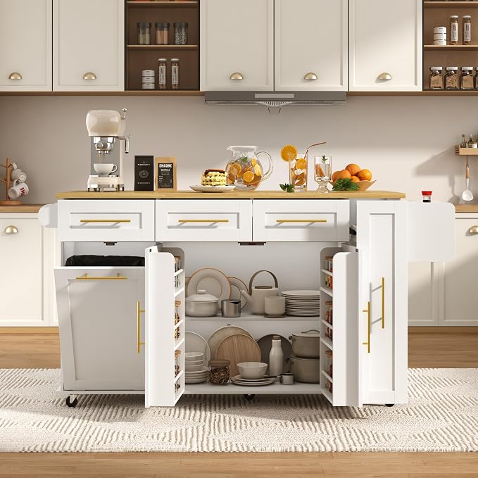 St.Mandyu 69" Large Kitchen Island on Wheels, Kitchen Rolling Island Cart with Trash Storage Cabinet, Power Outlet, 3-Tier Pull-Out Storage Trays, Drop Leaf, Mobile Island Table for Kitchen, White