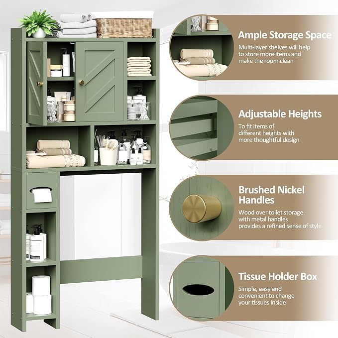 Over The Toilet Storage Cabinet, 64.6" Tall Bathroom Organizer Space Saver with Toilet Paper Holder & Adjustable Shelf, Freestanding Wood Cabinet for Small Space, Green