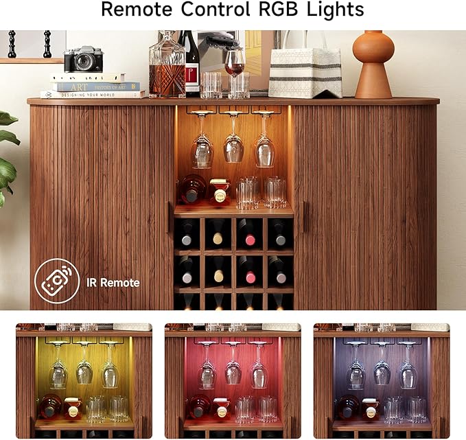 ONBRILL 55" Fluted Wine Bar Cabinet with LED Light Walnut