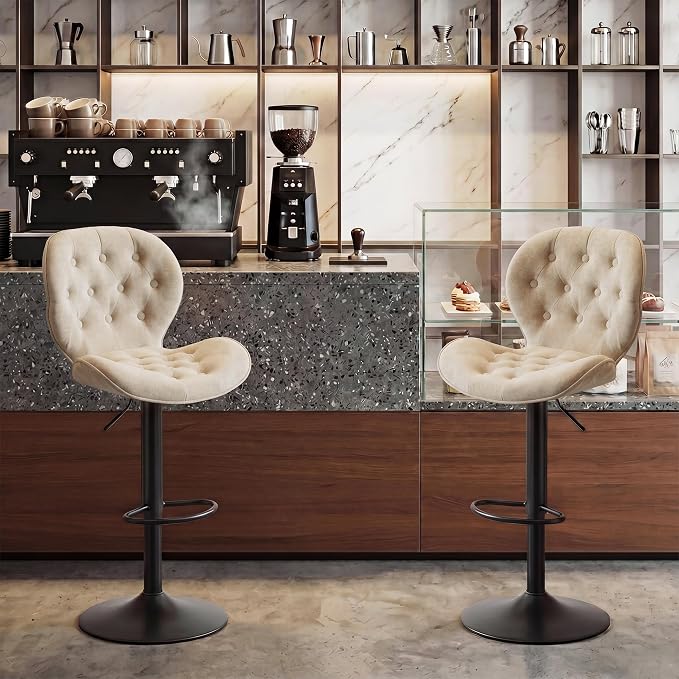 GRUSIGN Bar Stools Set of 2, Modern Swivel Adjustable Bar Chairs, Chenille Fabric Upholstered Counter Height Bar Stools with Backrest, Comfort Barstools for Kitchen Island, Home Bar, Khaki