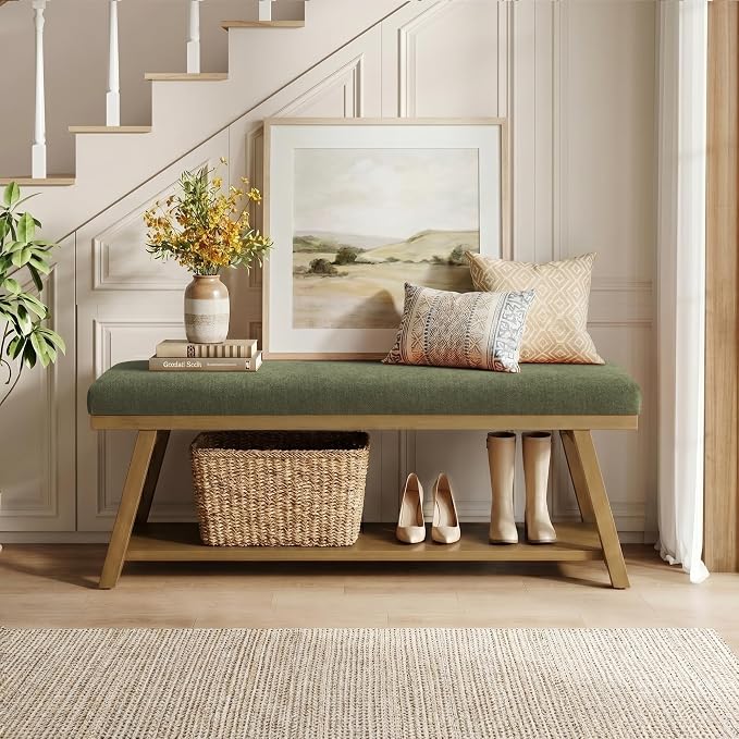 Zihanhome 45" Entryway Bench Upholstered Storage Bench for Bedroom(Green)