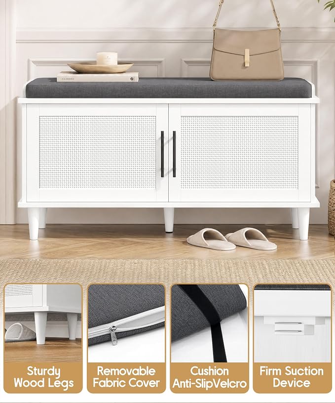 Akxomel 39.4" Rattan Shoe Storage Bench 2 Doors Wooden Entryway Bench White