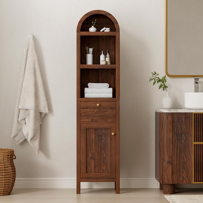 EYYTHUNG 67" Tall Arched Bathroom Narrow Storage Cabinets Set of 2 with Adjustable Shelf, Farmhouse Freestanding Tower Cabinet with Door and Drawer for Kitchen, Living Room, Brown
