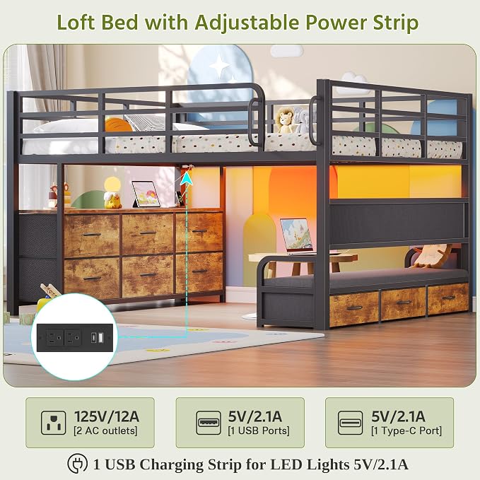 Dnxao Full Size Low Loft Bed with Desk and 9 Storage Drawers, Rustic Brown