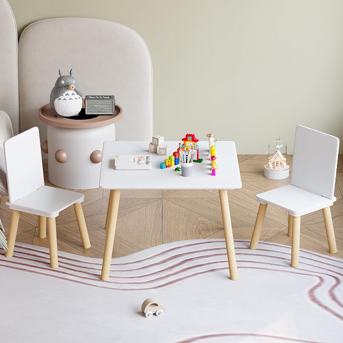 Kids Table and 2 Chairs Set, 3 Pieces Toddler Table and Chair Set, Kids' Table & Chair Sets, Kid Play Table for Daycare, Classroom, Home (White)