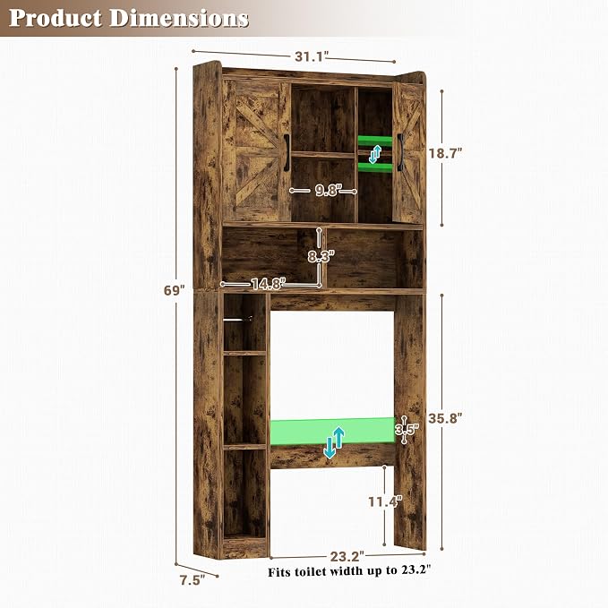 Farmhouse Over The Toilet Storage Cabinet with Barn Door, Reversible Side | 7-Tier Bathroom Organizer, Adjustable Shelves Bottom Bar, Detachable Paper Holder, Anti-Tipping, Laundry Room, Rustic Brown