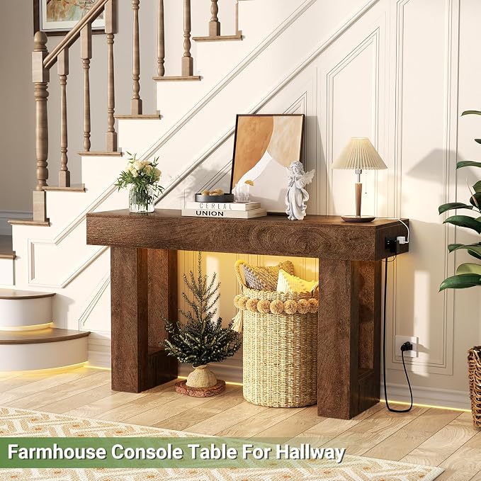 Unikito 47" Entryway Table with Socket & Sensor Light, Rustic Oak