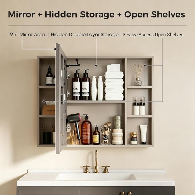 35.4 x 27.5 Inch LED Bathroom Mirror Cabinet with Open Shelves on Both Sides, 3 Color Dimmable Lighted Medicine Cabinet, Plug-in or Hardwired Anti-Fog Aluminum Medicine Cabinet with Hidden Storage