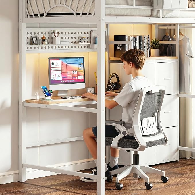 Decofy White Twin Loft Bed with Desk and 6 Storage Drawers, Metal Twin Size Loft Beds with Charging Station, RGB LED Lights, and Pegboard & Hanging Rod for Kids, Teenager (White)
