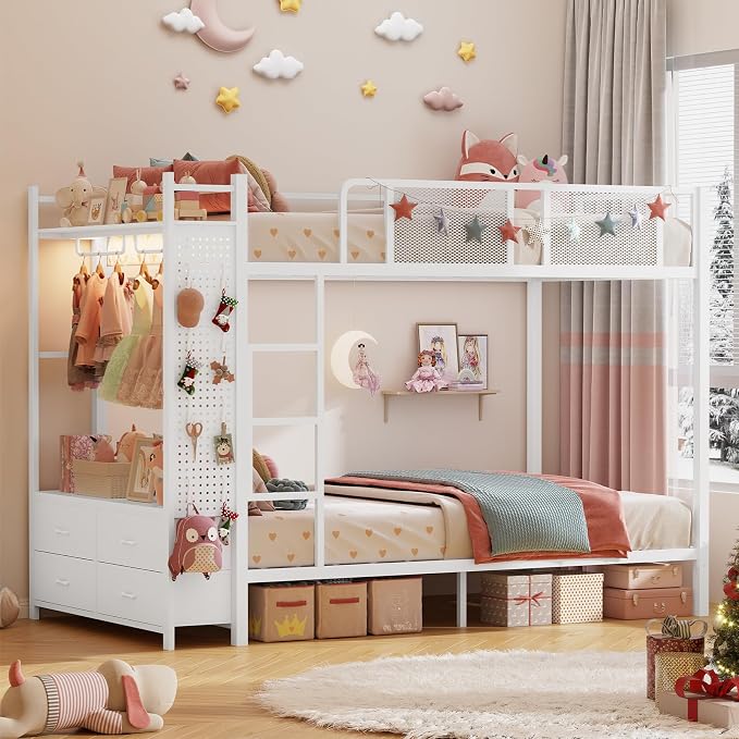Itaar Metal Bunk Bed Twin Over Twin with Hall Tree, Power Outlet, LED Bunk Bed with 4 Storage Drawers, Bed with 13‘’ Safety Guardrail & Ladders for Kids and Teen, 400lb Weight Capacity, White