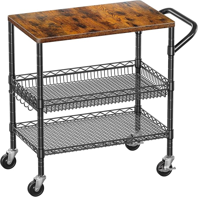 WDT 3 Tier Rolling Carts with Wheels, Heavy Duty Rolling Utility Cart with Wood Tabletop, Commercial Grade Metal Cart with Handle and Hooks, NSF Storage Serving Carts for Kitchen Island, Wood+Metal