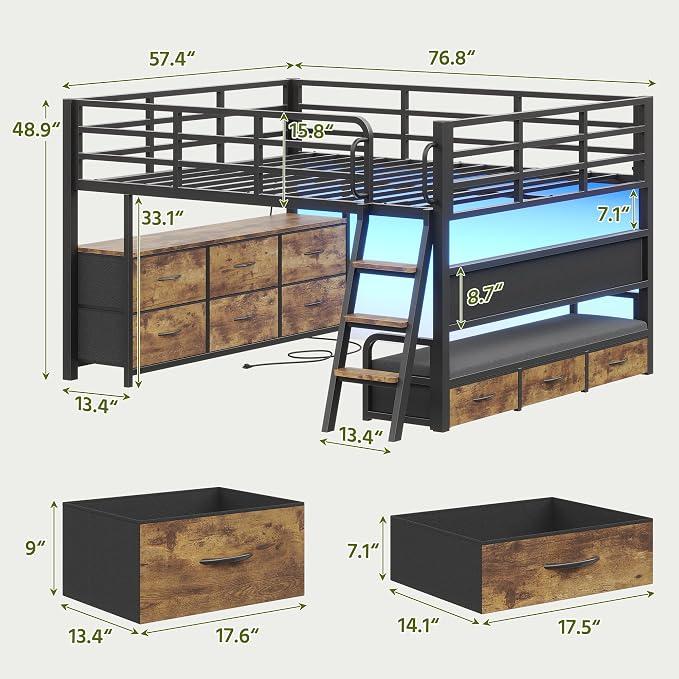 Dnxao Full Size Low Loft Bed with Desk and 9 Storage Drawers, Rustic Brown