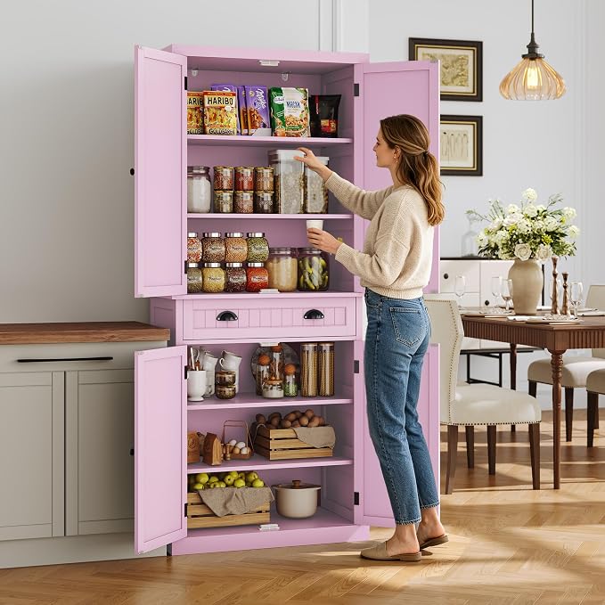 ARTPOWER 72" Tall Kitchen Pantry Storage Cabinet with Drawer and Adjustable Shelves, Pantry Cabinet for Kitchen, Bathroom or Hallway, Pink