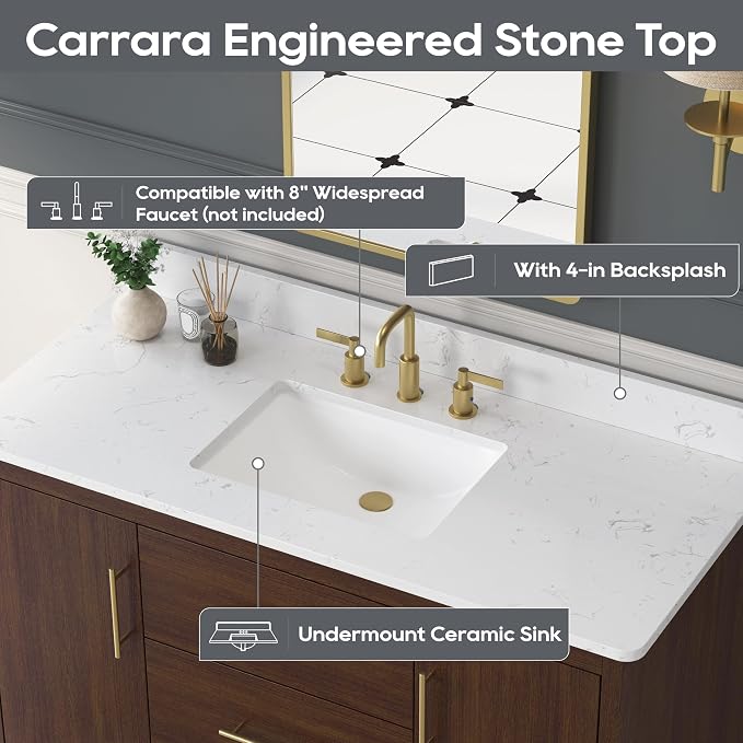 48 Inch Bathroom Vanity with Sink, Fully-Assembled, Warm Elm | Solid Wood Frame, Carrara Engineered Stone Top and Backsplash, Ceramic Sink, Soft-Close Doors and 3 Full-Extension Drawers