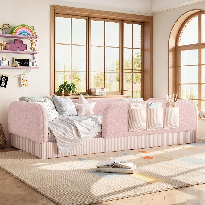Bellemave Twin Upholstered Montessori Floor Bed with Storage Pocket,Pink