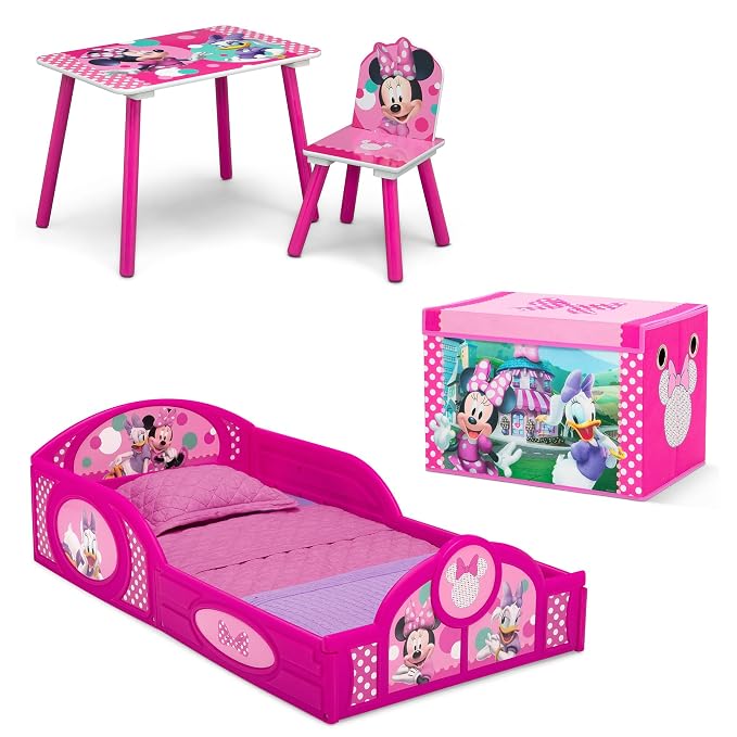 Delta Children Disney Minnie Mouse 4-Piece Toddler Room-in-a-Box Set – Includes Sleep and Play Toddler Bed, Table, 1 Chair and Toy Box, Pink