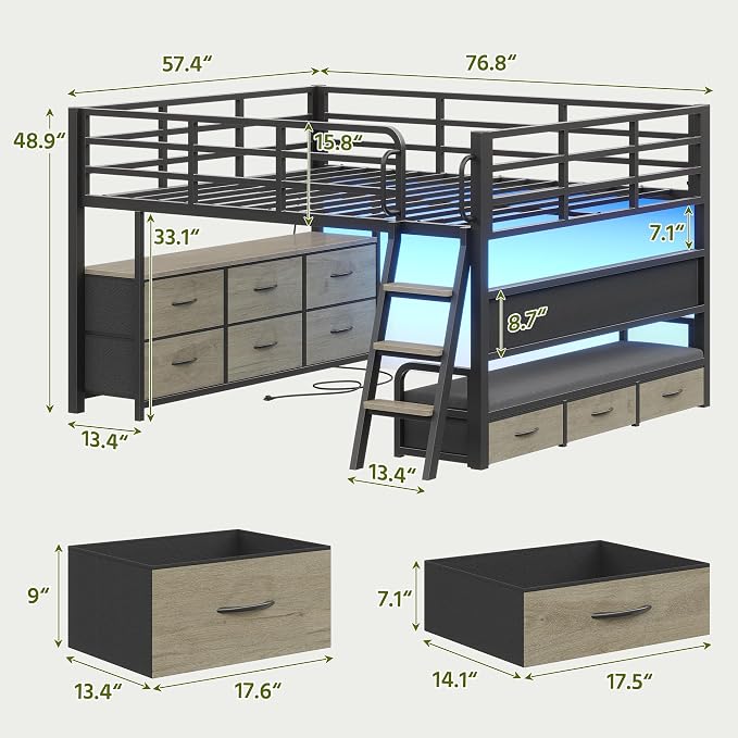 Dnxao Low Loft Bed Full Size with Desk and 9 Storage Drawers, Oak Gray