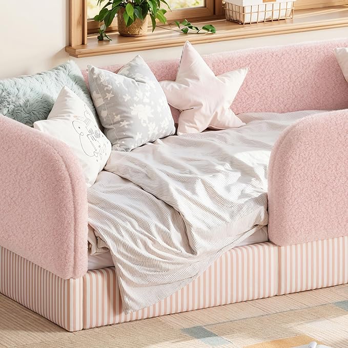 Bellemave Twin Upholstered Montessori Floor Bed with Storage Pocket,Pink