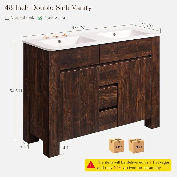 T4TREAM 48 Inch Modern Bathroom Vanity with Double Sink, Dark Walnut | Integrated Resin Sink, 4 Soft-Close Doors & 3 Drawers, Handle-Free Design, Thick Heavy-Duty Legs, Walnut Grain Finish