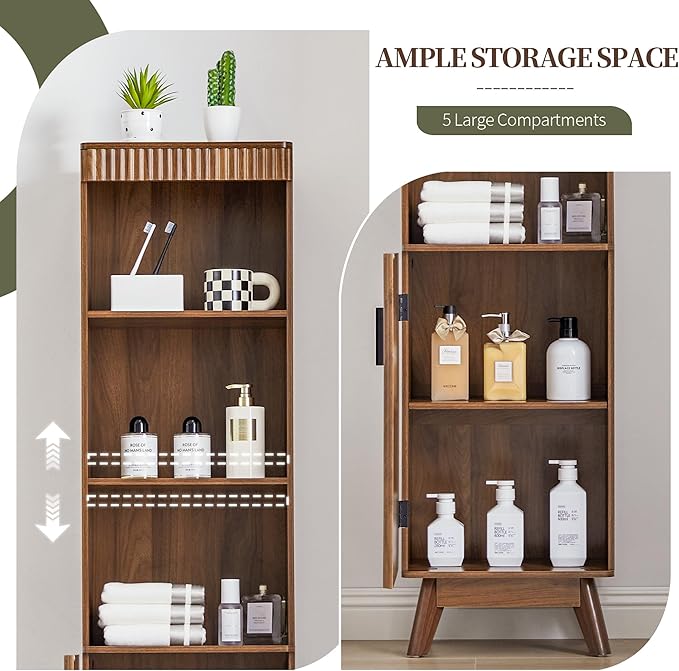 Bifins 68" Tall Walnut Bathroom Storage Cabinet,15.7" Width | Narrow,Fluted Door,Adjustable Shelf,5 Tier,Next to Toilet,Next to TV Stand,Laundry Storage,Space Saving,Tower Storage