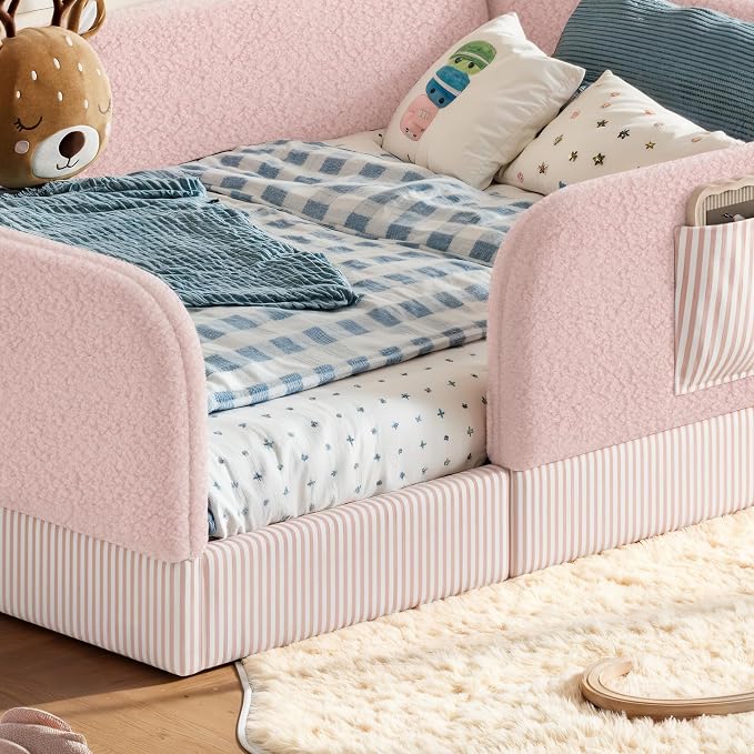 Bellemave Queen Upholstered Montessori Floor Bed with Storage Pocket,Pink