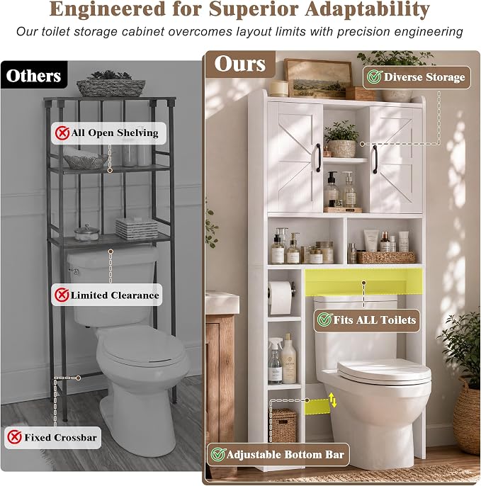 Farmhouse Over The Toilet Storage Cabinet with Barn Door, Reversible Side | 7-Tier Bathroom Organizer, Adjustable Shelves Bottom Bar, Detachable Paper Holder, Anti-Tipping, Laundry Room, White