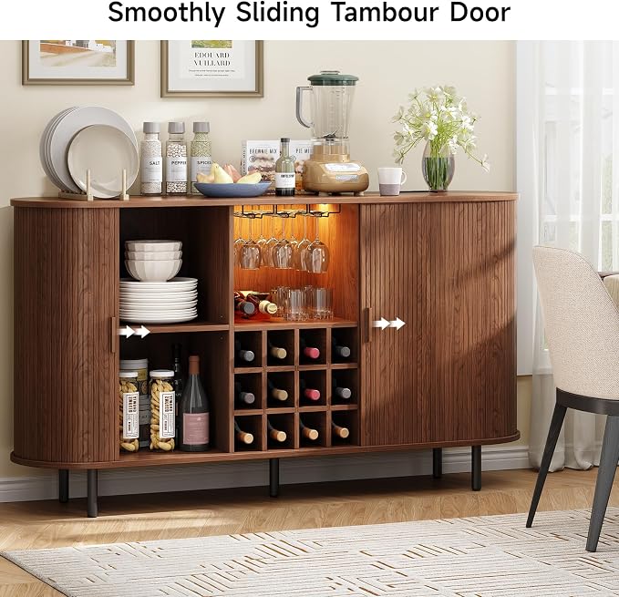 ONBRILL 63" Fluted Wine Bar Cabinet with LED Light Walnut