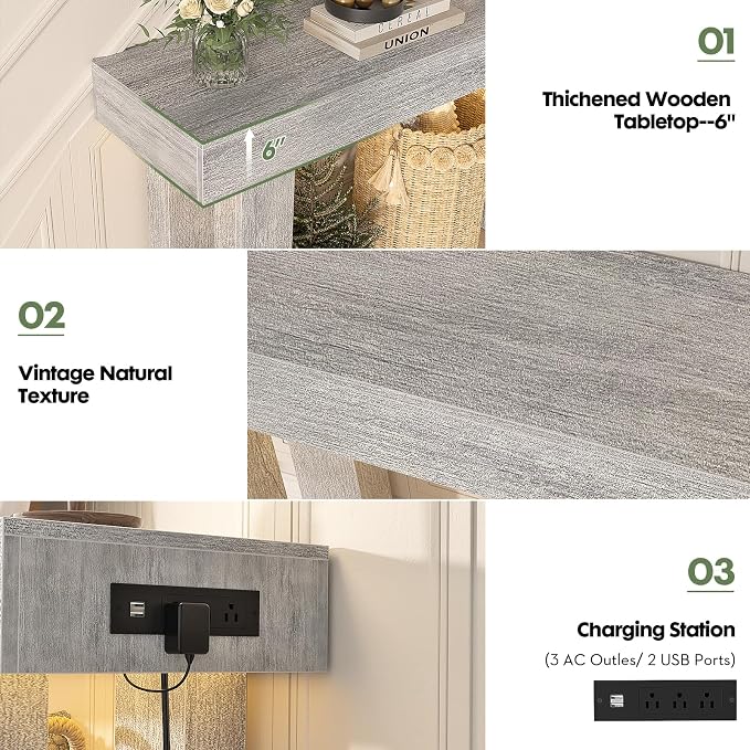 Unikito 63" Console Table with Sensor Light and Oulets, White Oak