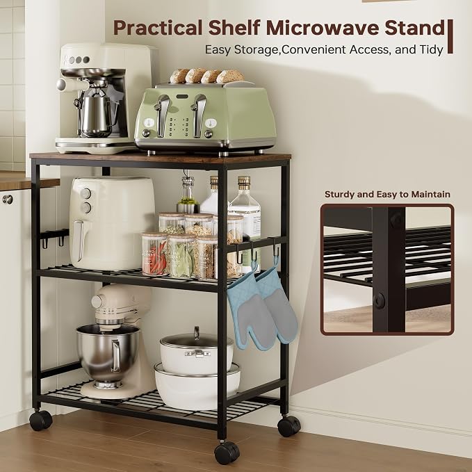 itchen Rolling Cart, 3-Tier Microwave Stand with Lockable Wheels, One-Piece Shelf, Kitchen Utility Storage Cart for Coffee Bar,Apartment, Dorm, Laundry Room, Office, 23.6" x 15.7" x 27.6", Brown