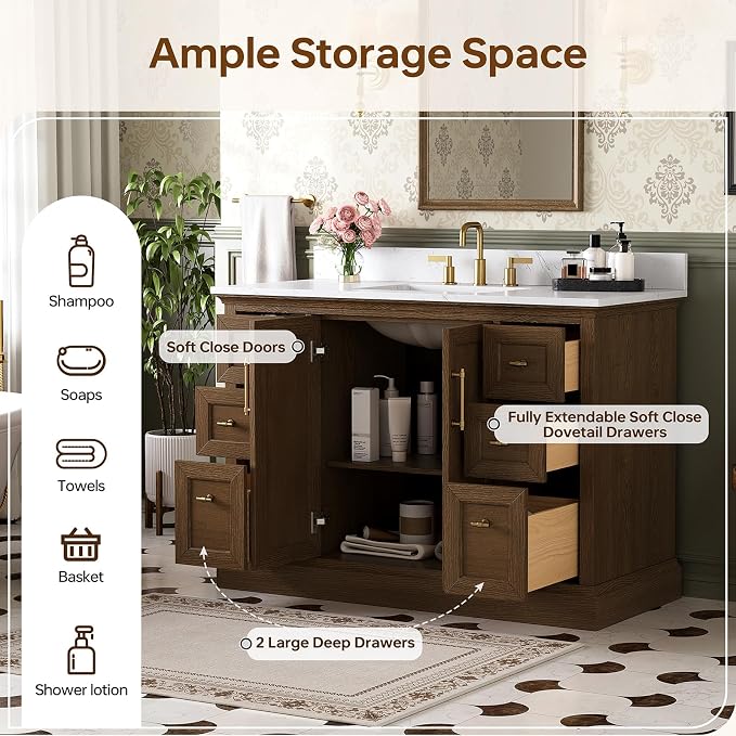 48 Inch Bathroom Vanity with Sink, Solid Wood, Walnut | Fully Assembled Freestanding Bathroom Vanity, Soft Close Parquet Doors & Dovetail Drawers, Vanity for Bathroom Renovation