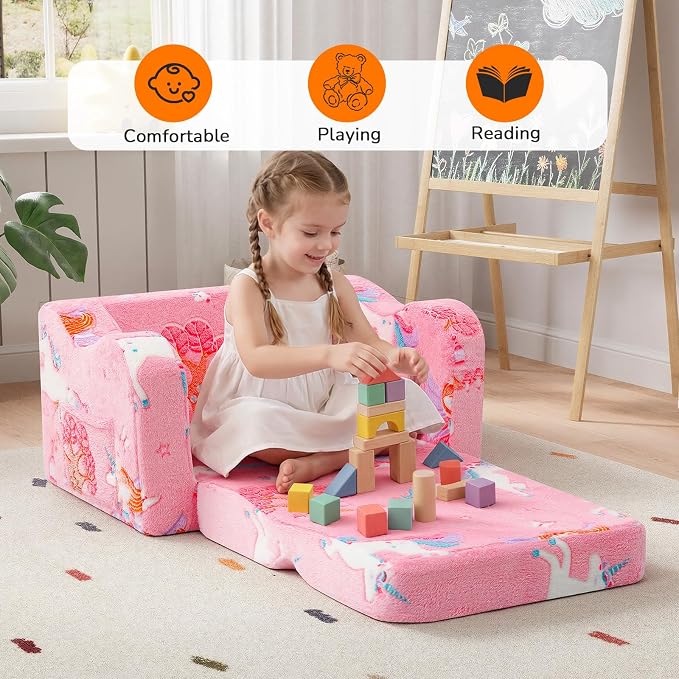 MeMoreCool Kids Chair, Glow Dark Pink Fairy Fold Out Sofa Seat for Girls
