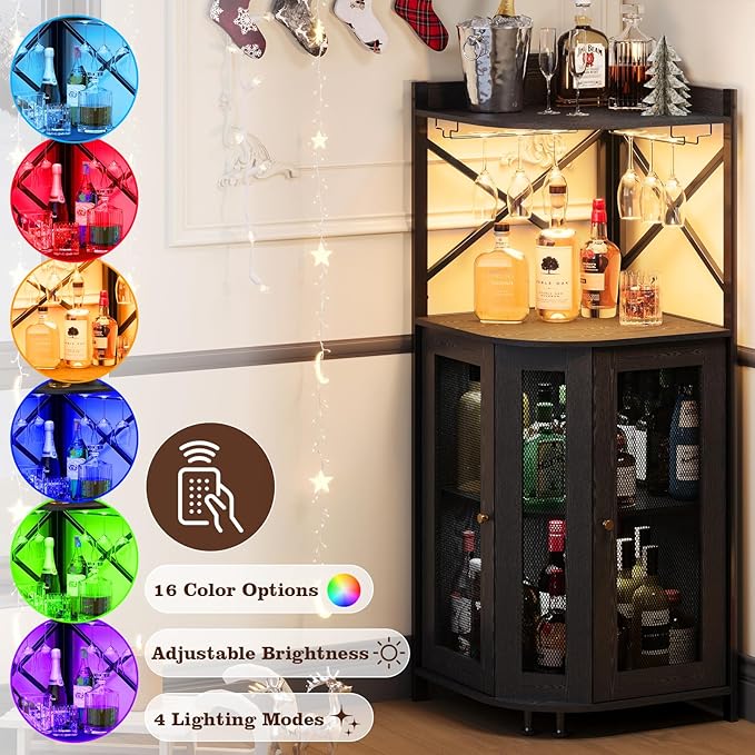 JKsmart 4-Tier Corner Bar Cabinet with LED Light and Glass Holder, Mini Bar