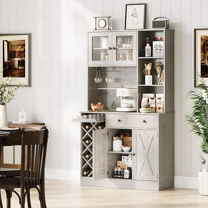 Garvee Coffee Bar Cabinet with Power Outlet & Exquisite Barn Doors, Sideboard Buffet Cabinet with Wine Bottle Rack, Storage Cabinet for Kitchen, Dining Room