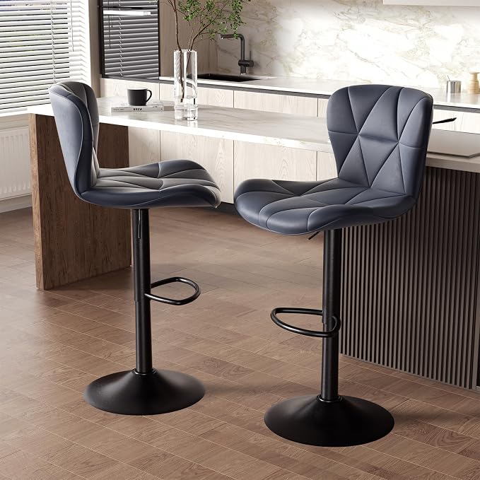 Nalupatio Modern Bar Stools Set of 3, Adjustable Faux Leather Upholstered Swivel Bar Stools, Counter Height Bar Chairs with Back for Kitchen Island, Dark Grey