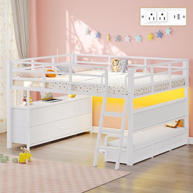 Dnxao Low Loft Bed Full Size with Desk and 9 Storage Drawers, White