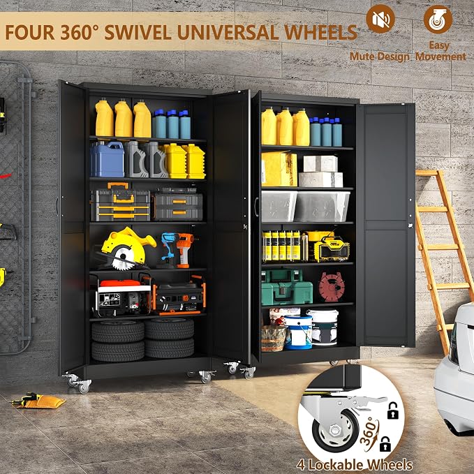 74" Metal Garage Storage Locker Cabinet with Wheels,Rolling White Farmhouse Kitchen Pantry Cabinet with 2 Doors and 5 Adjustable Shelves, Steel File Tool Cabinet for Home Office Warehouse