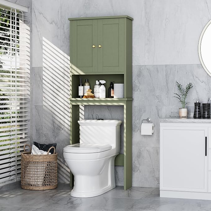 Over the Toilet Storage Cabinet, Bathroom Storage Organizer Over Toilet, Space Saver W/Adjustable Shelf & Open Shelf, Green