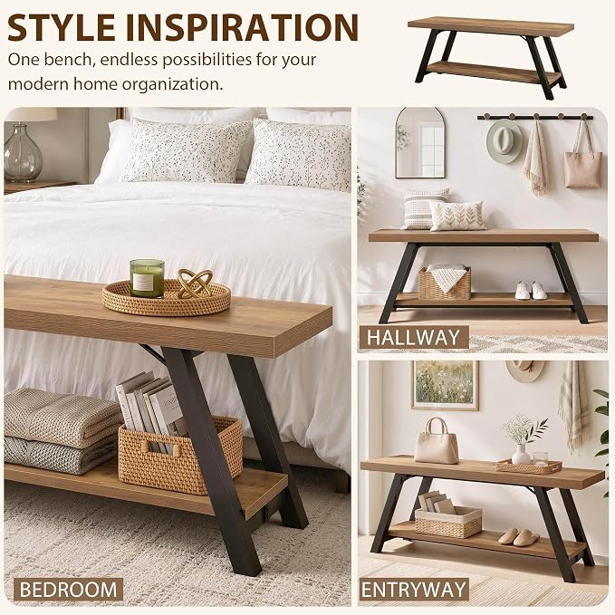 LVB Entryway Bench with Storage, Wood Bench for Entryway, 47 in