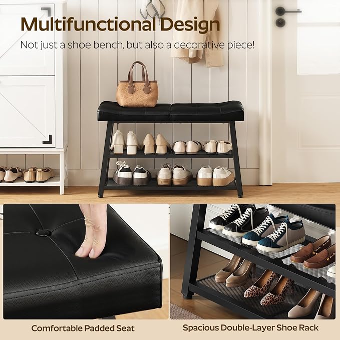 YATINEY Shoe Bench, 3-Tier Shoe Rack, Entryway Bench with Storage and Cushion, for Hallway, Foyer, Bedroom, Black HX02BB