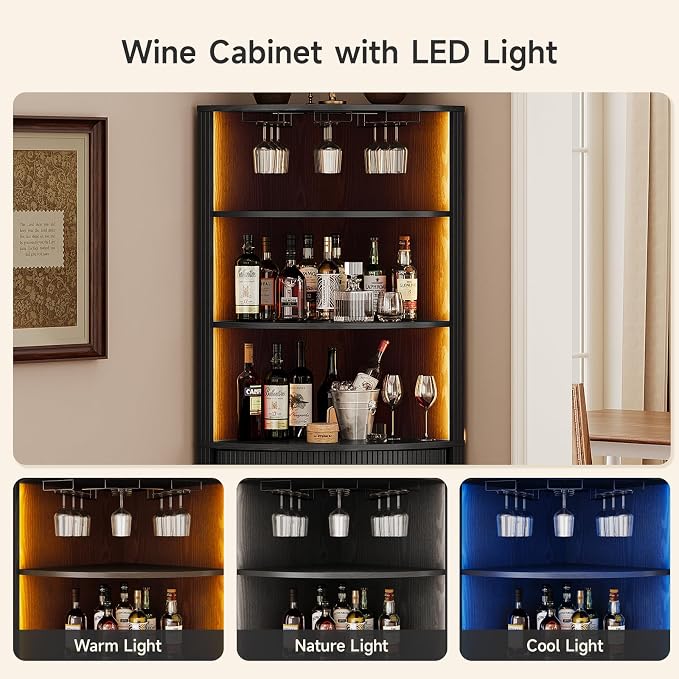 ONBRILL 72" Tall Corner Bar Cabinet with LED Light, Liquor Cabinets, Black