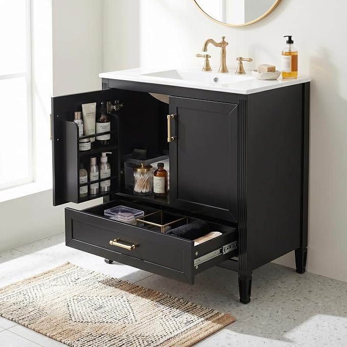 Merax 30" Bathroom Vanity with Undermount Ceramic Sink, Cabinet with Two Door Rack Shelves and One Drawer, Soft Closing Doors, Black