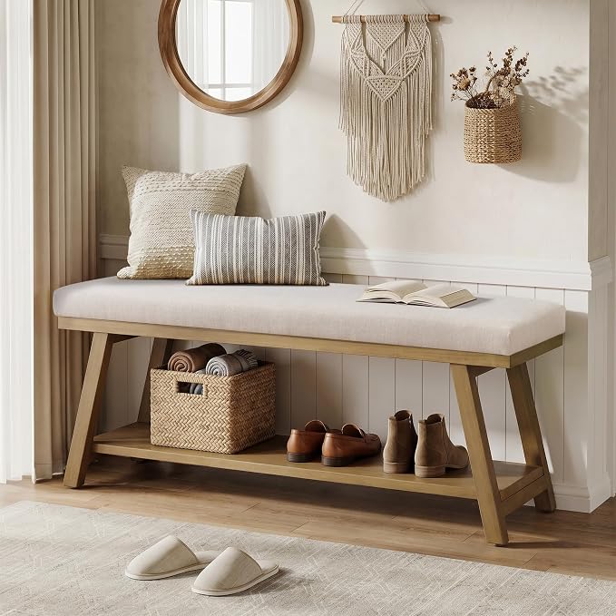 Zihanhome 45" Entryway Bench Upholstered Storage Bench for Bedroom(Beige)