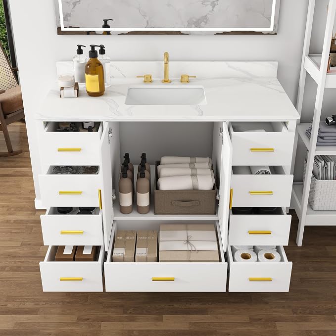 Montary 48" Bathroom Vanity with Sink & 49" Carrara Quartz Top | with 3 Pre-Drilled Faucet Holes, Solid Wood Cabinet, Soft-Close Double Doors & 9 Smooth-Glide Drawers,White