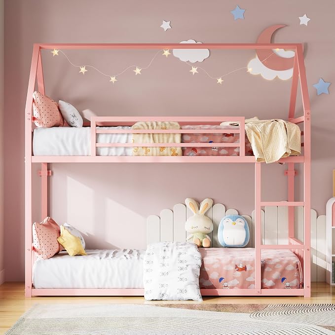 LIKIMIO Bunk Bed Twin Over Twin, House Bunk Bed Frame with Ladder, Pink