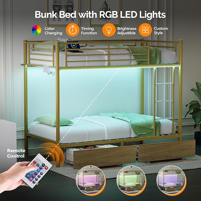 Bonnlo Metal Bunk Bed Frame Twin Over Twin with 2 Drawers, LED Lights, Safety Guardrail & Ladder, Charging Station, for Kids, Teens & Adults, Space-Saving, No Box Spring Needed, Gold